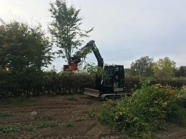 Kraan aan het werk bij het plaatsen van een haag