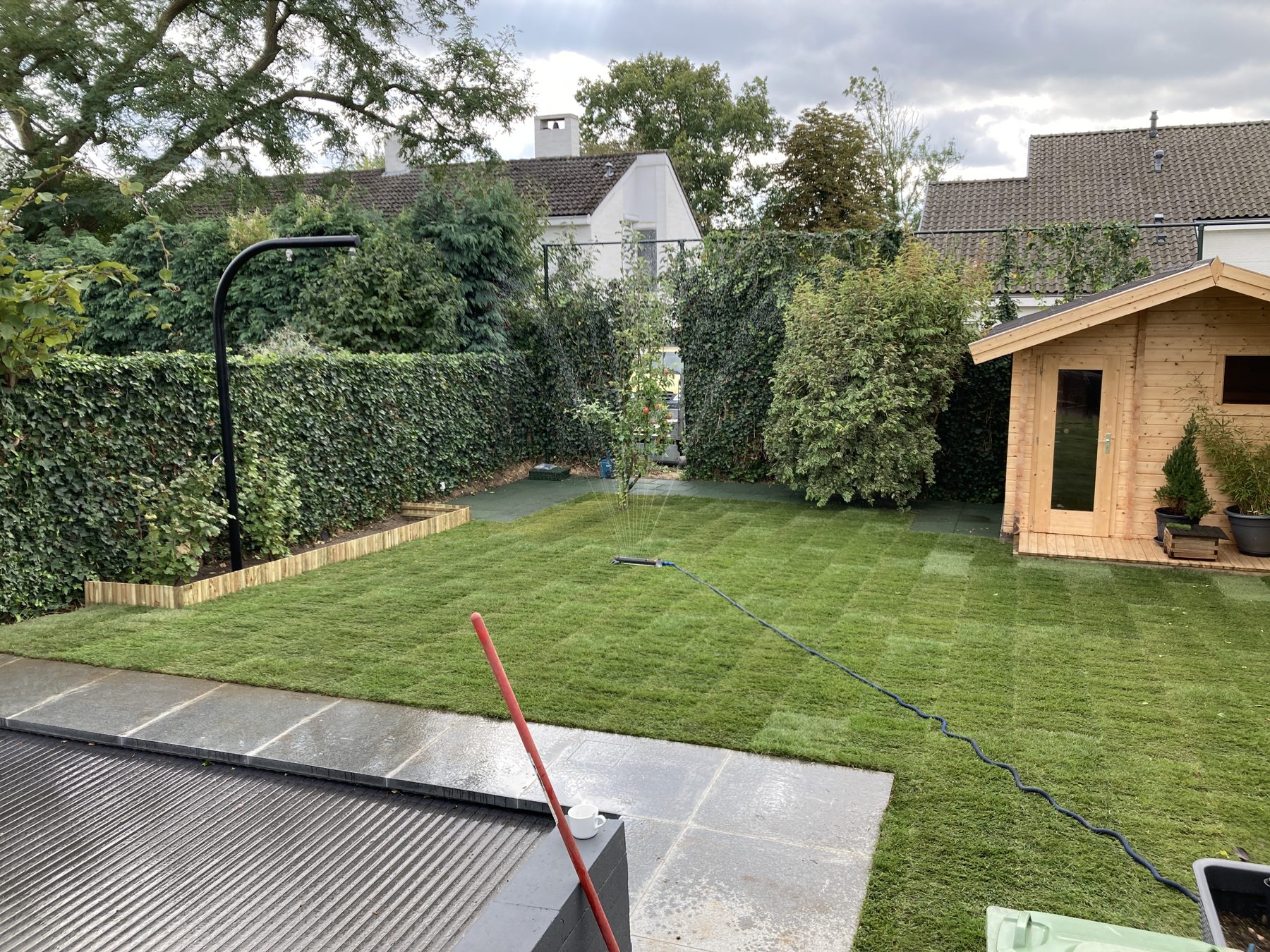Aangelegde tuin met gazon, haag en tuinhuis in Riemst
